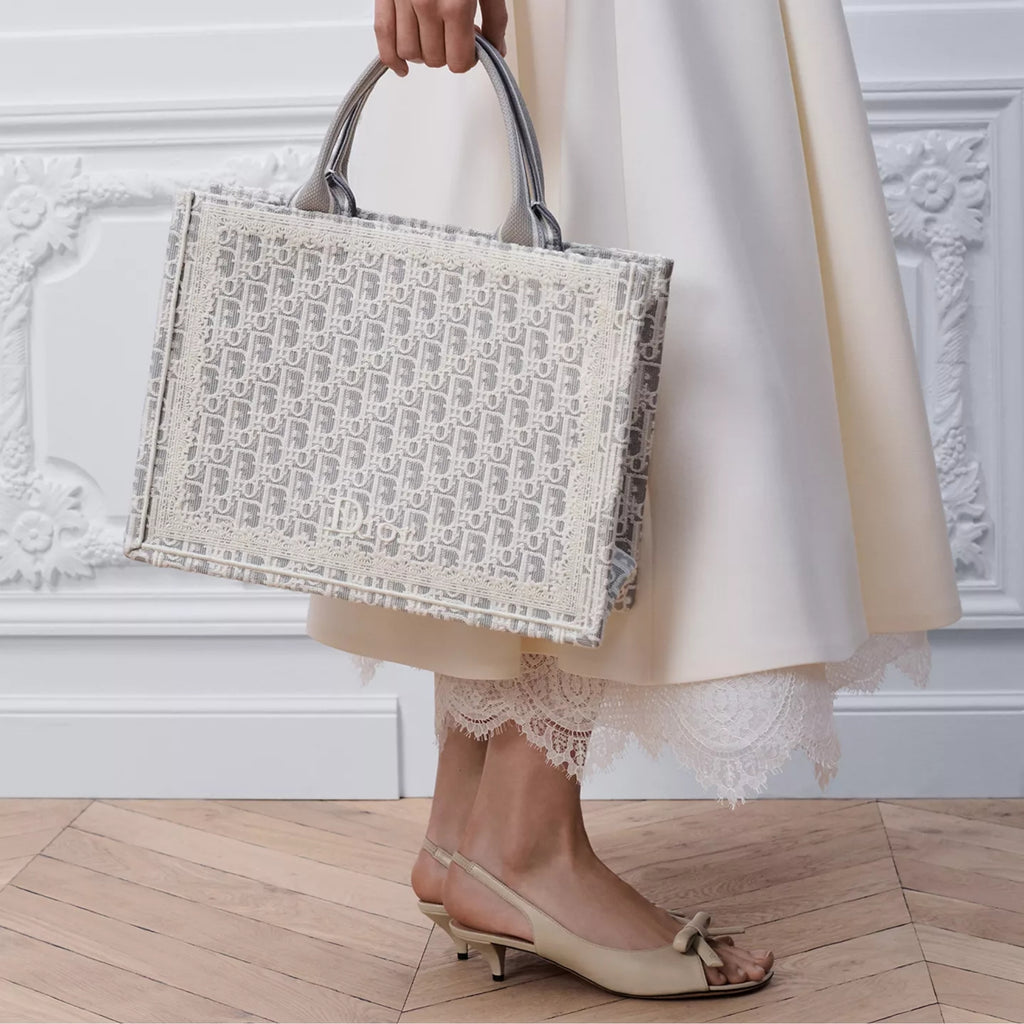 Medium Latte and Gray Dior Oblique Embroidery and White Lace