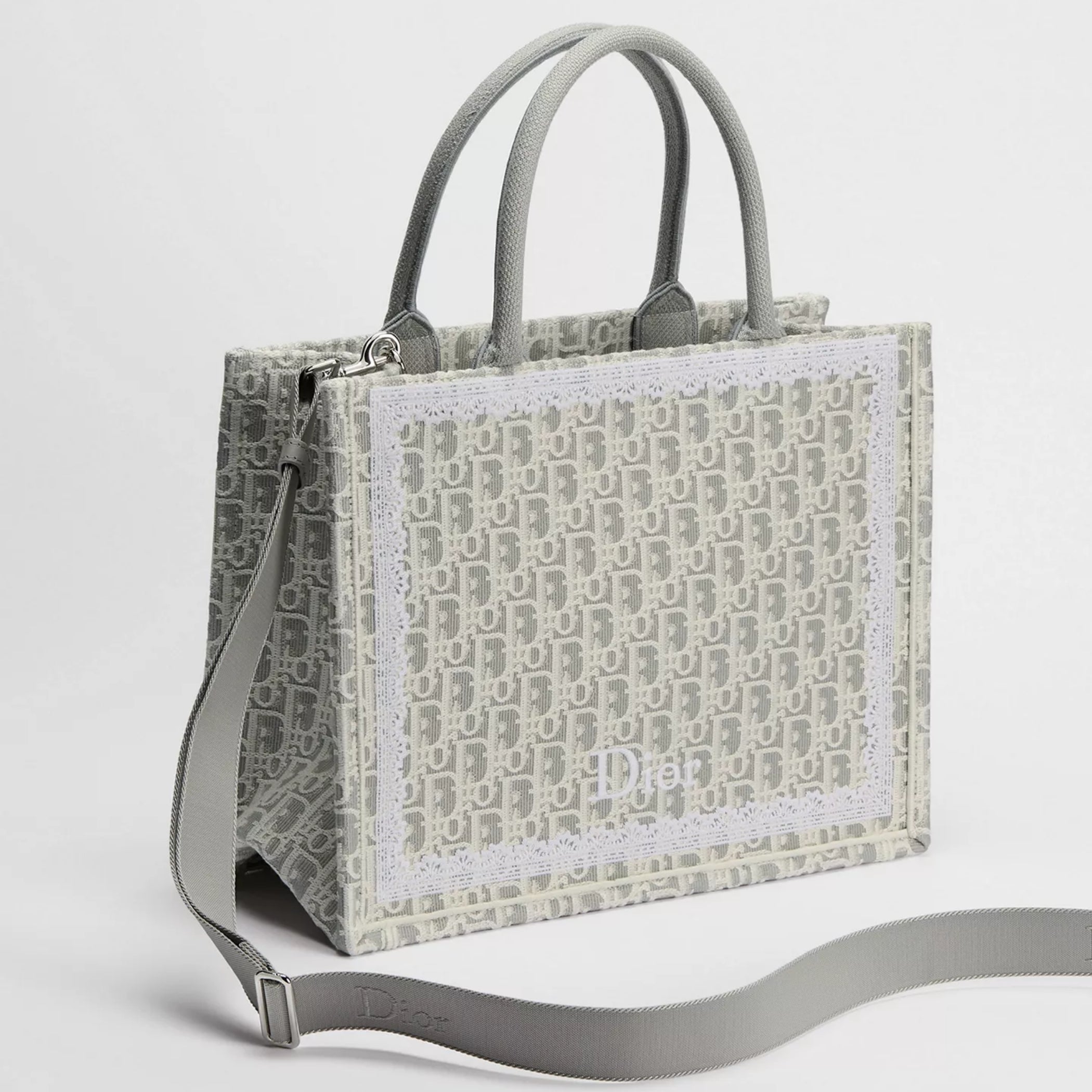 Medium Latte and Gray Dior Oblique Embroidery and White Lace