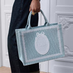 Medium Celestial Blue Dior Oblique Embroidery with White Lace and Dior Médaillon
