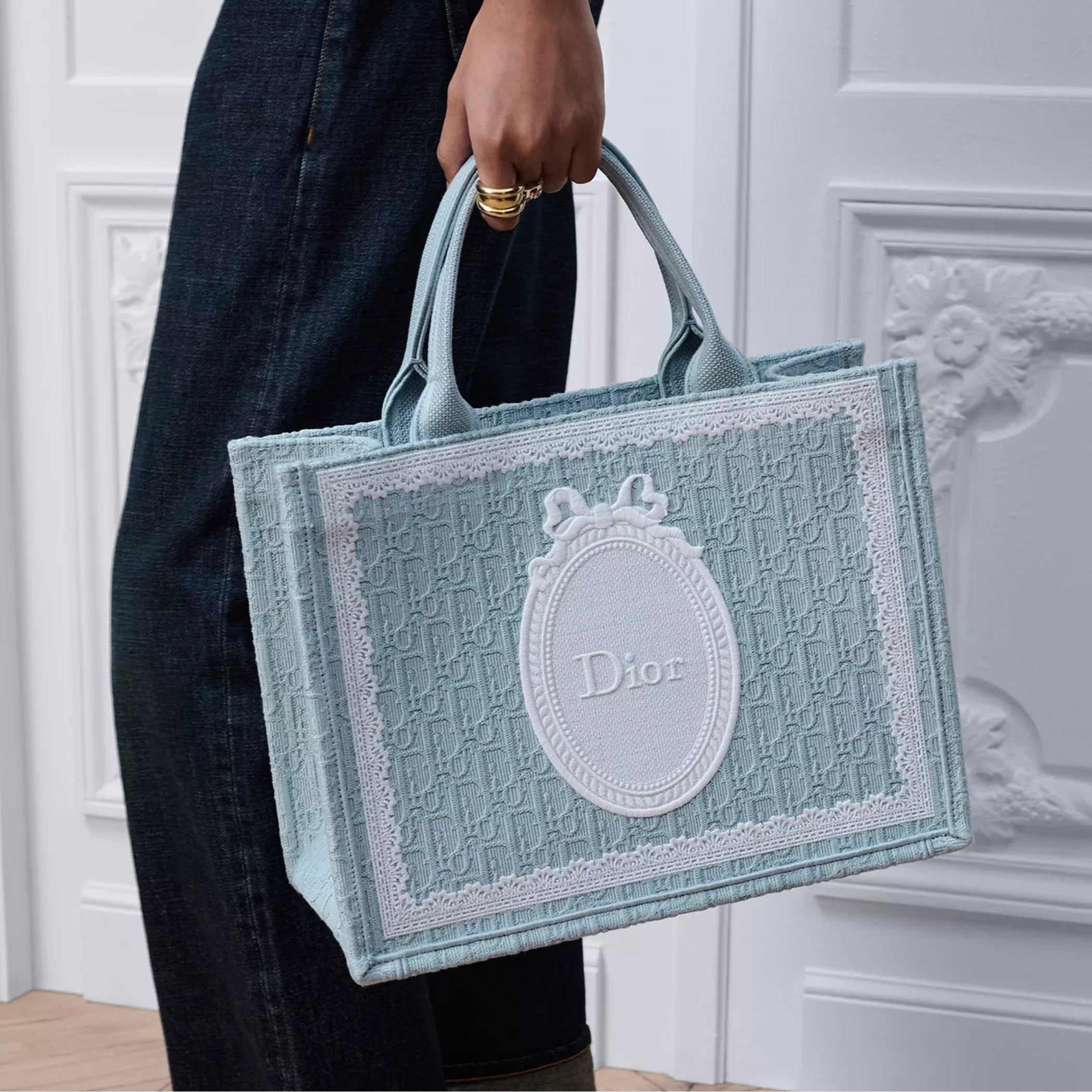 Medium Celestial Blue Dior Oblique Embroidery with White Lace and Dior Médaillon