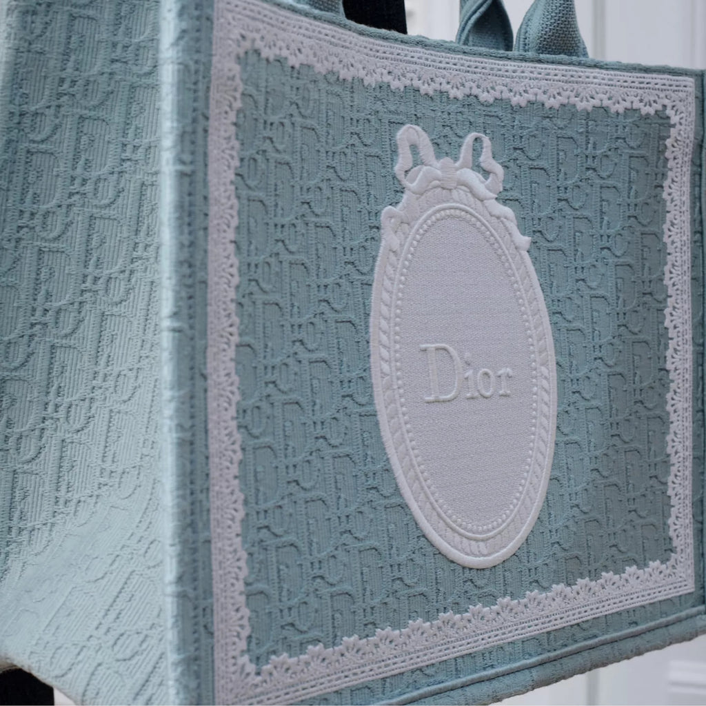 Medium Celestial Blue Dior Oblique Embroidery with White Lace and Dior Médaillon
