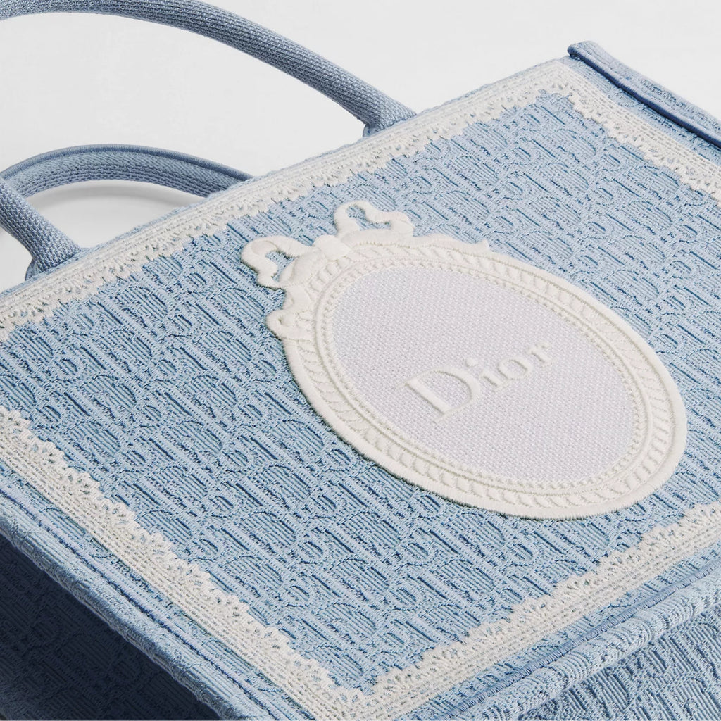 Medium Celestial Blue Dior Oblique Embroidery with White Lace and Dior Médaillon