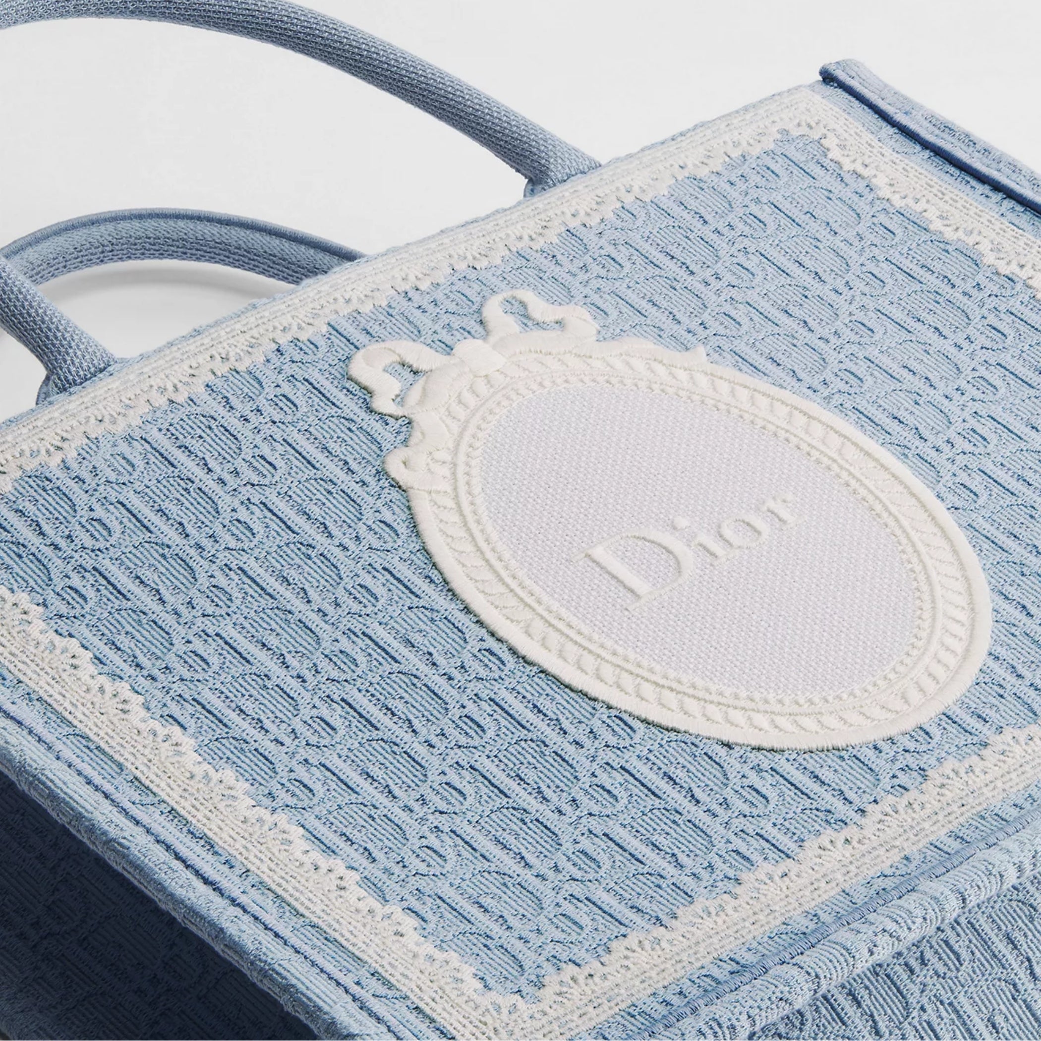 Medium Celestial Blue Dior Oblique Embroidery with White Lace and Dior Médaillon