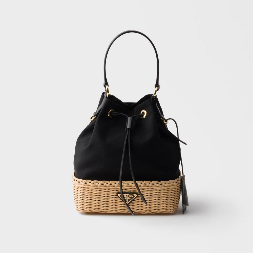 Wicker and canvas bucket bag