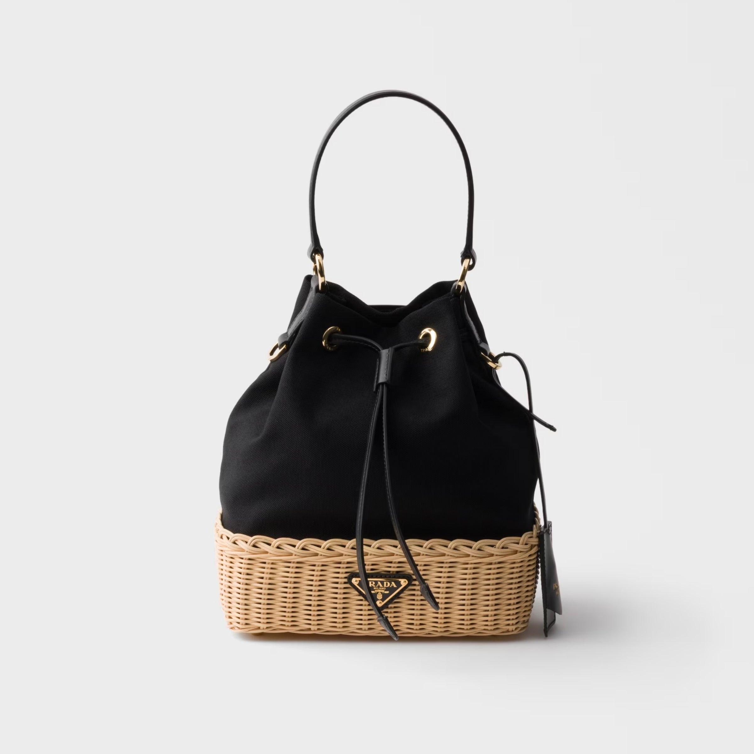 Wicker and canvas bucket bag