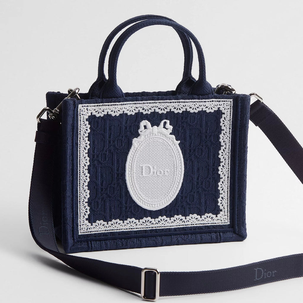 Mini Blue Dior Oblique Embroidery with White Lace and Dior Médaillon
