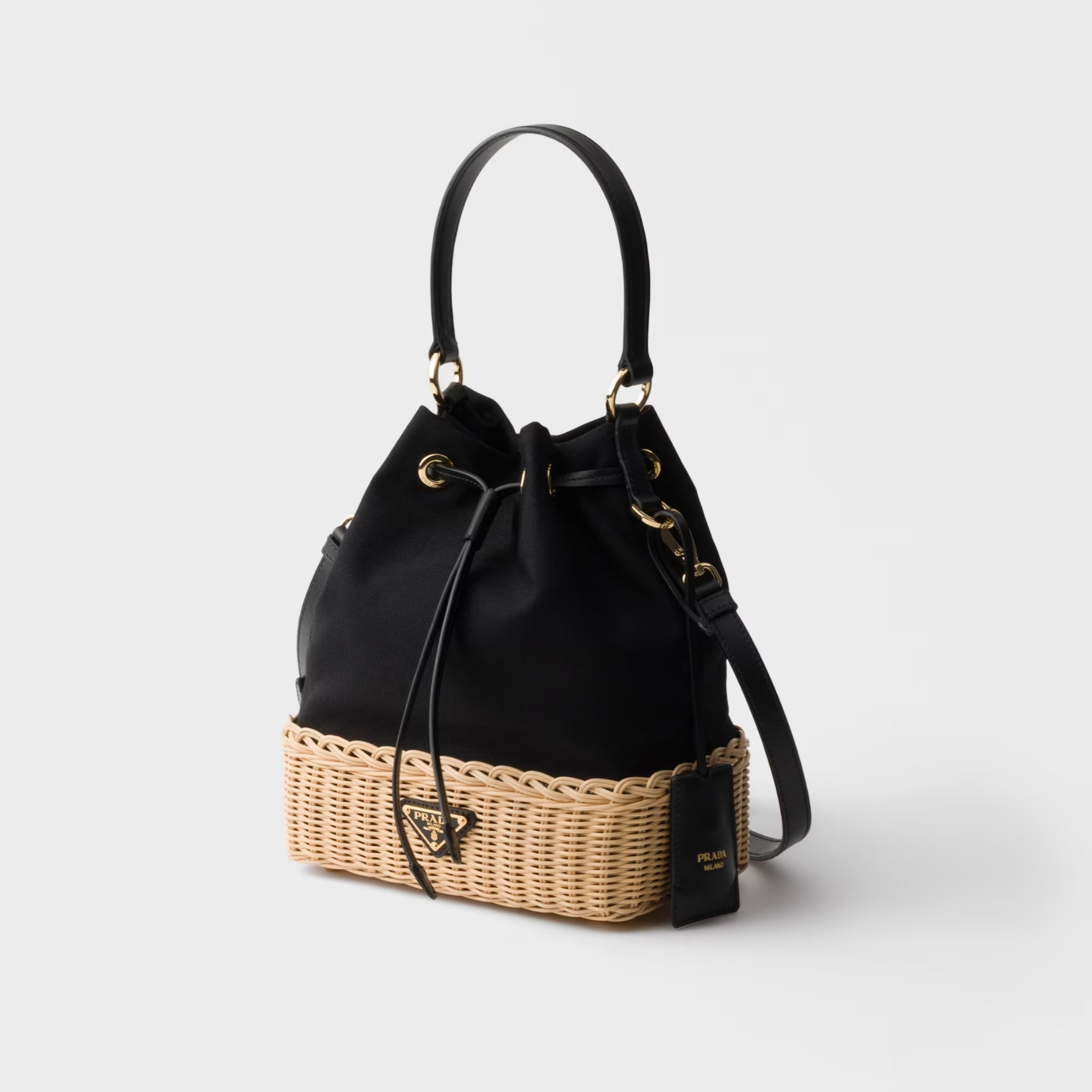 Wicker and canvas bucket bag