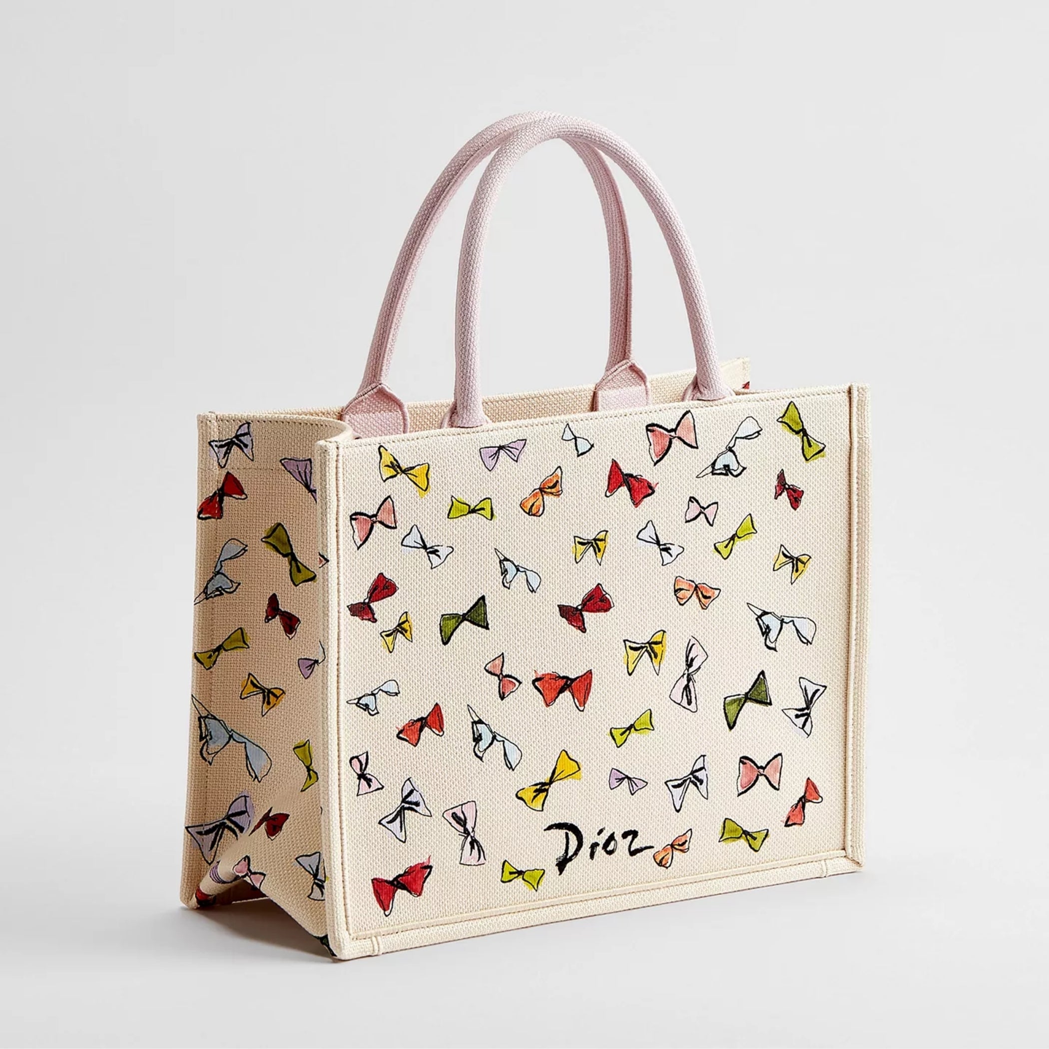 Dioriviera Medium Dior Book Tote with Strap Latte Multicolor Dior Bows Embroidery