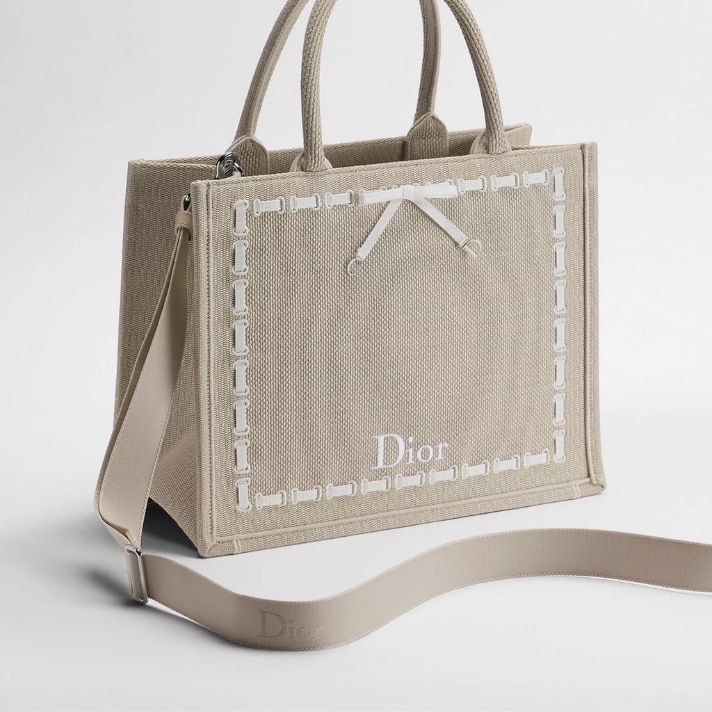 Medium Beige Embroidery and White Woven Grosgrain Ribbon