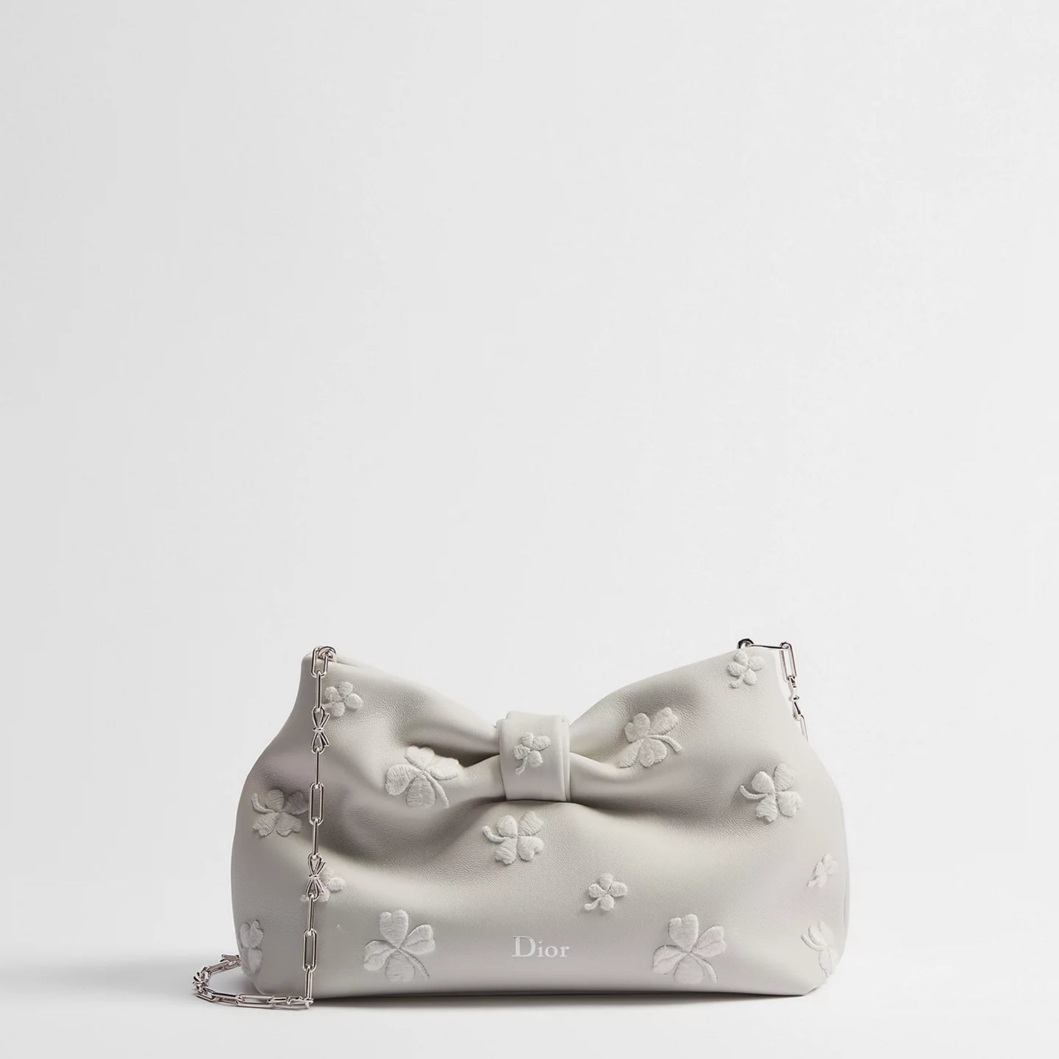 Small Dior Bow Bag White Dior Clover Embroidered Lambskin