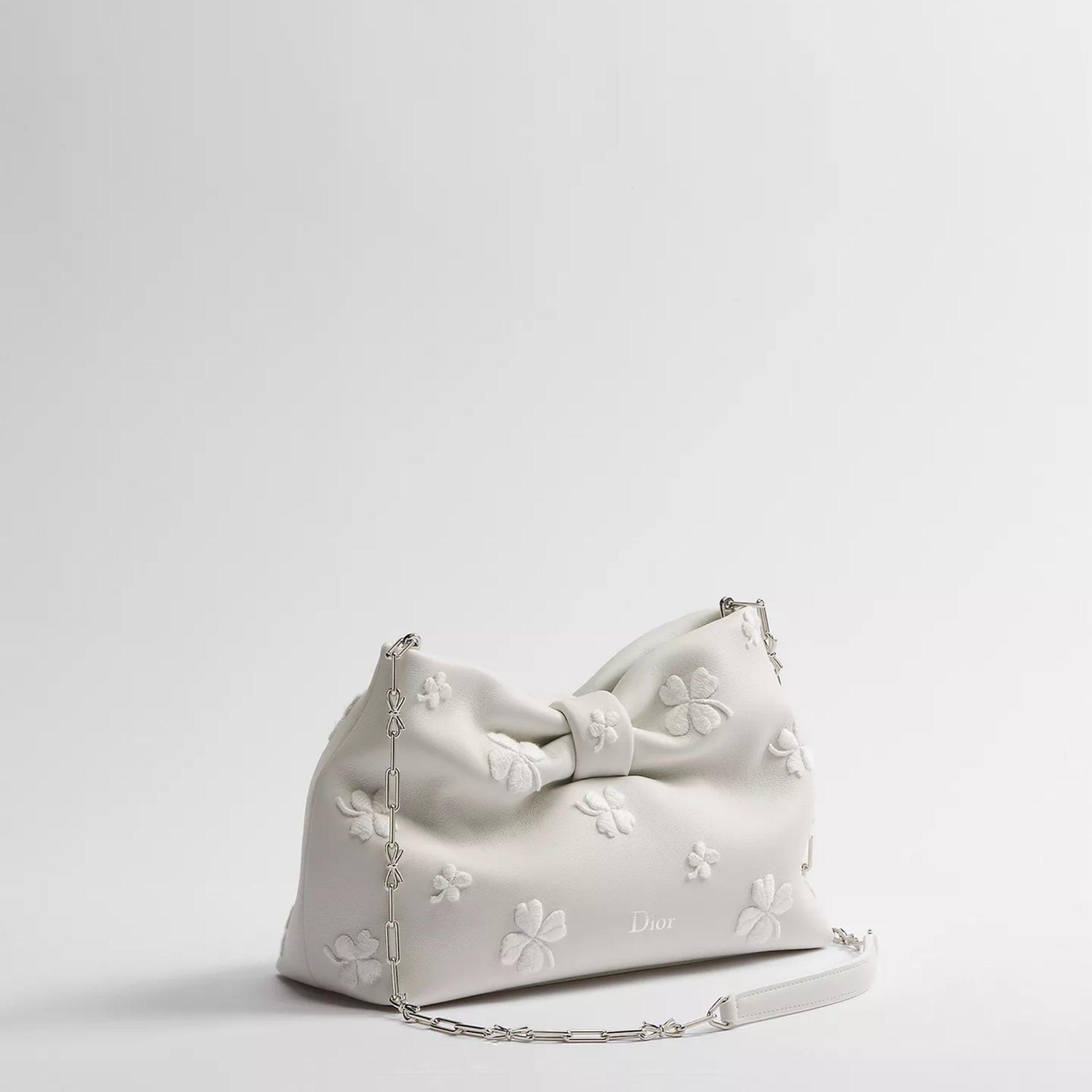 Small Dior Bow Bag White Dior Clover Embroidered Lambskin