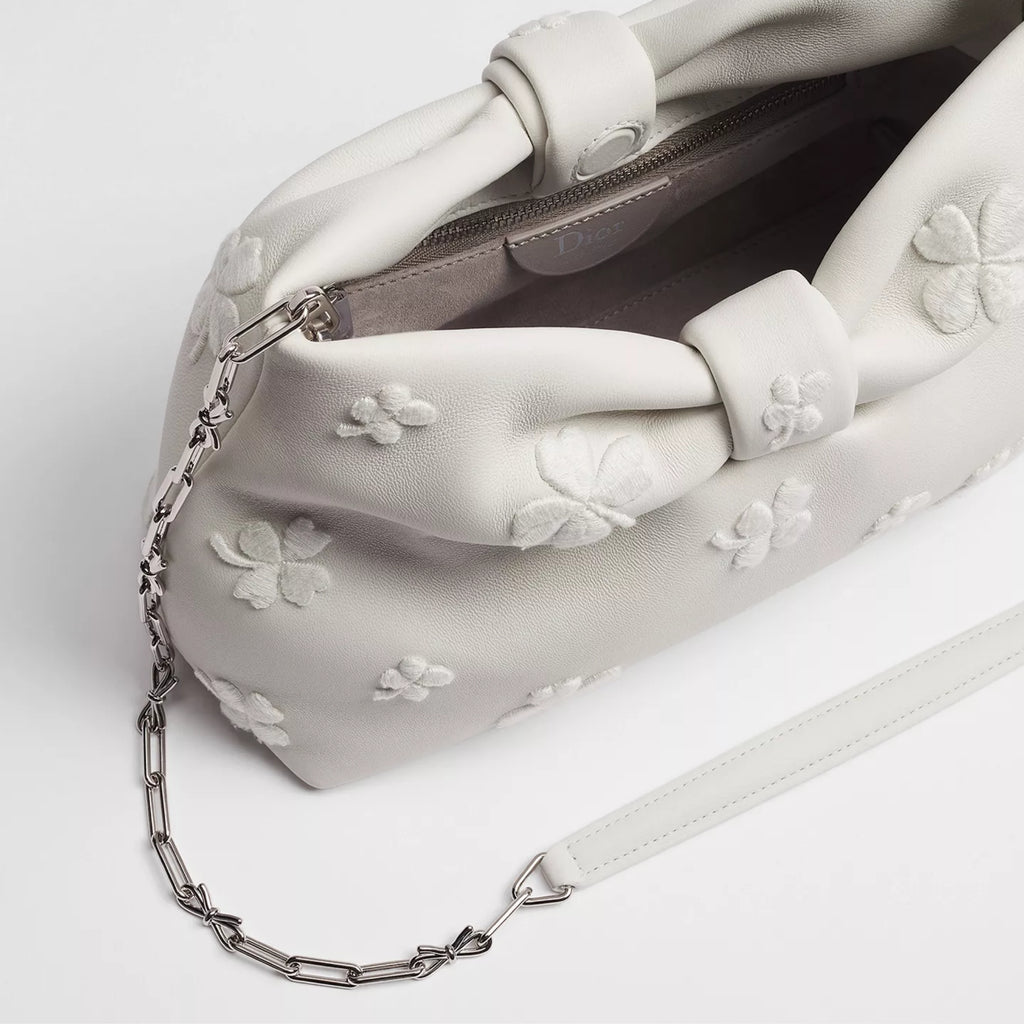Small Dior Bow Bag White Dior Clover Embroidered Lambskin