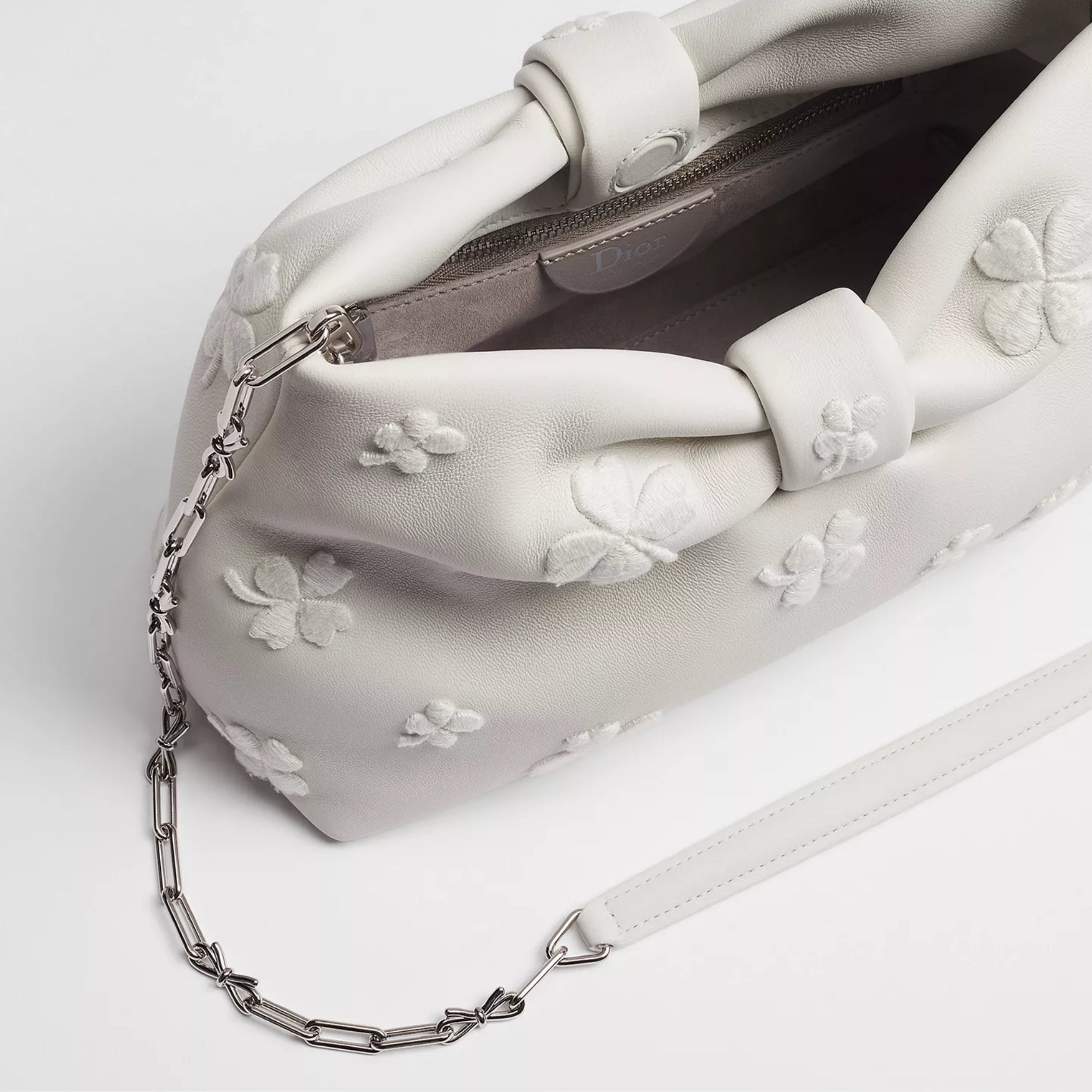 Small Dior Bow Bag White Dior Clover Embroidered Lambskin