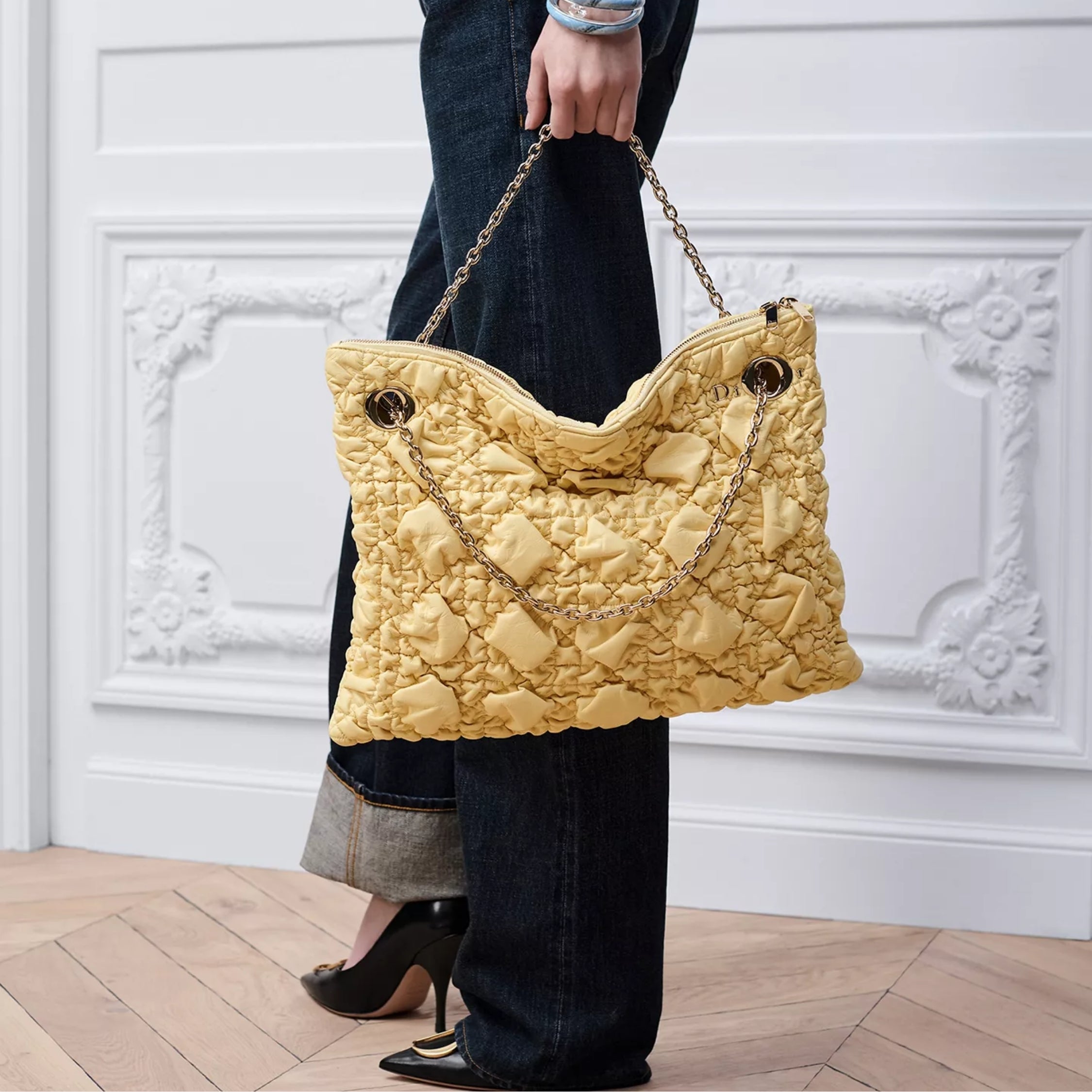 Medium Dior Crunchy Bag. Light Yellow Puffy Macrocannage Calfskin