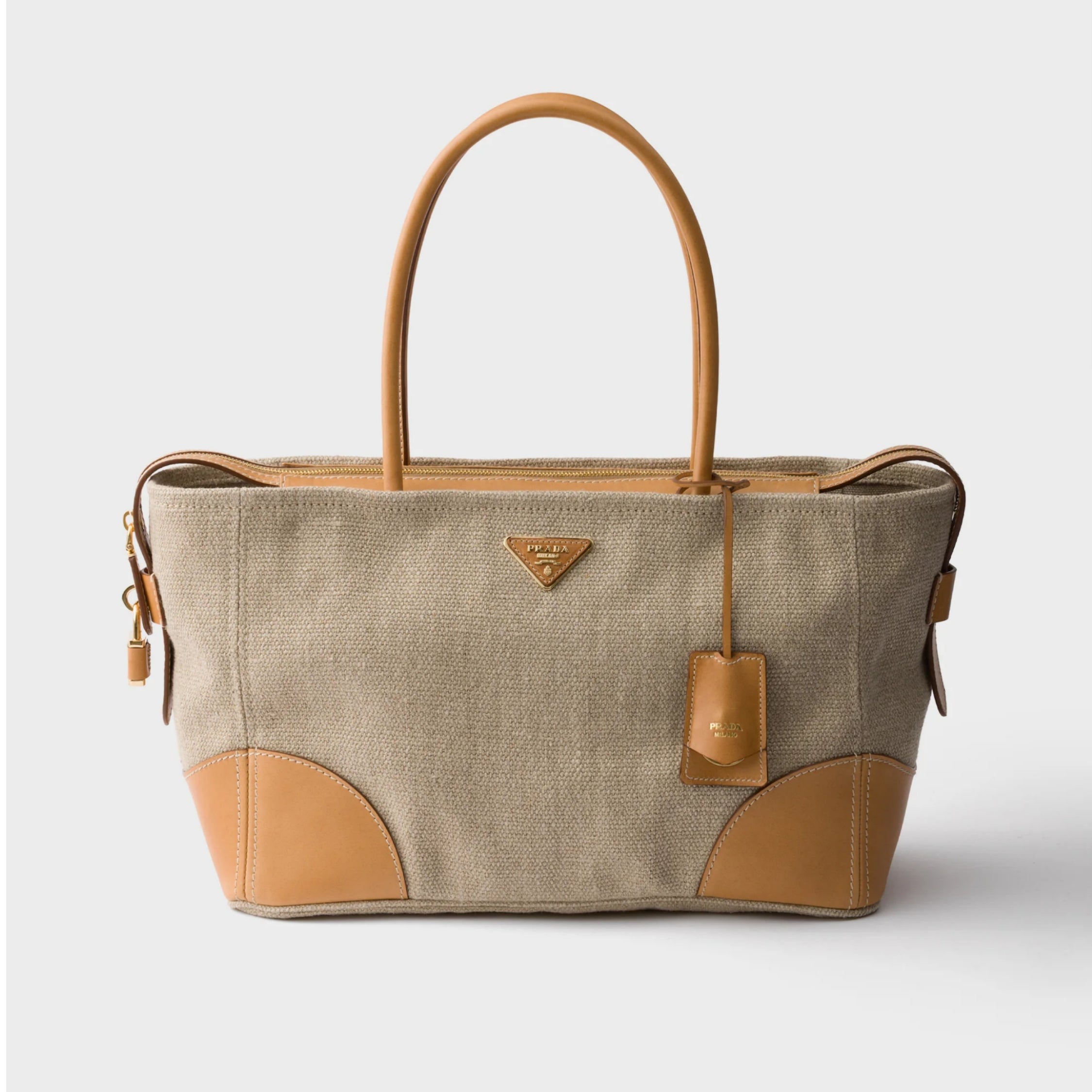 Large linen and leather tote bag