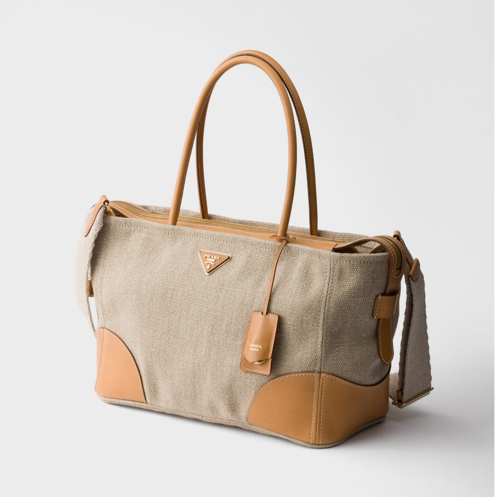 Large linen and leather tote bag