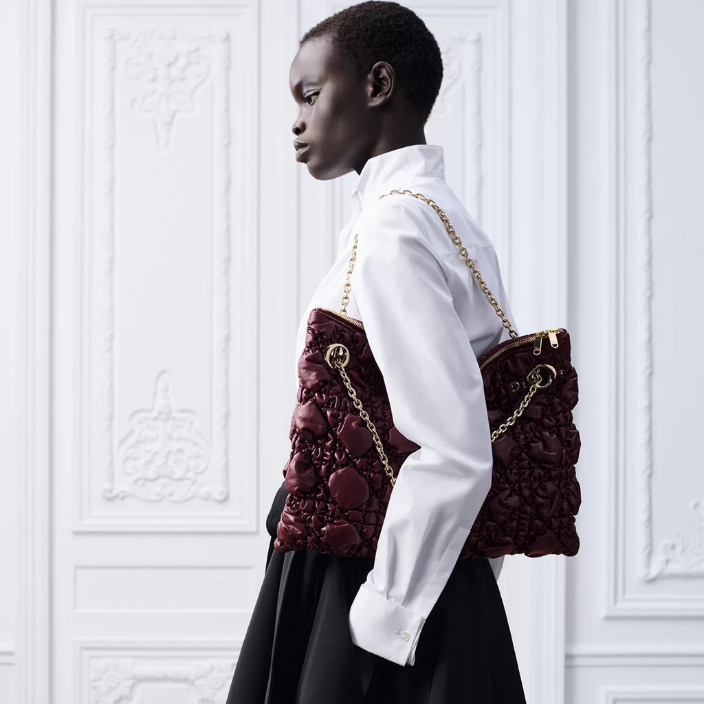 Medium Dior Crunchy Bag. Maroon Banner Puffy Macrocannage Calfskin