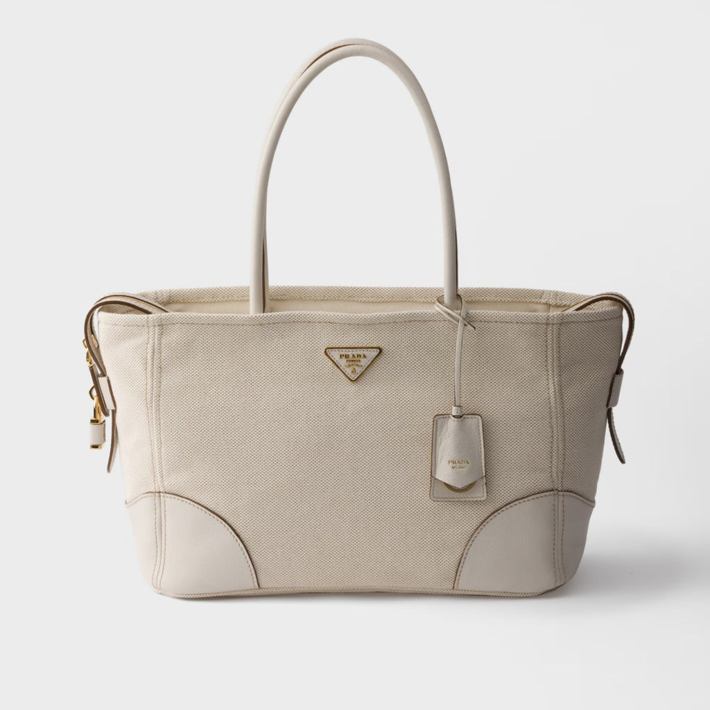Large linen blend and leather tote bag