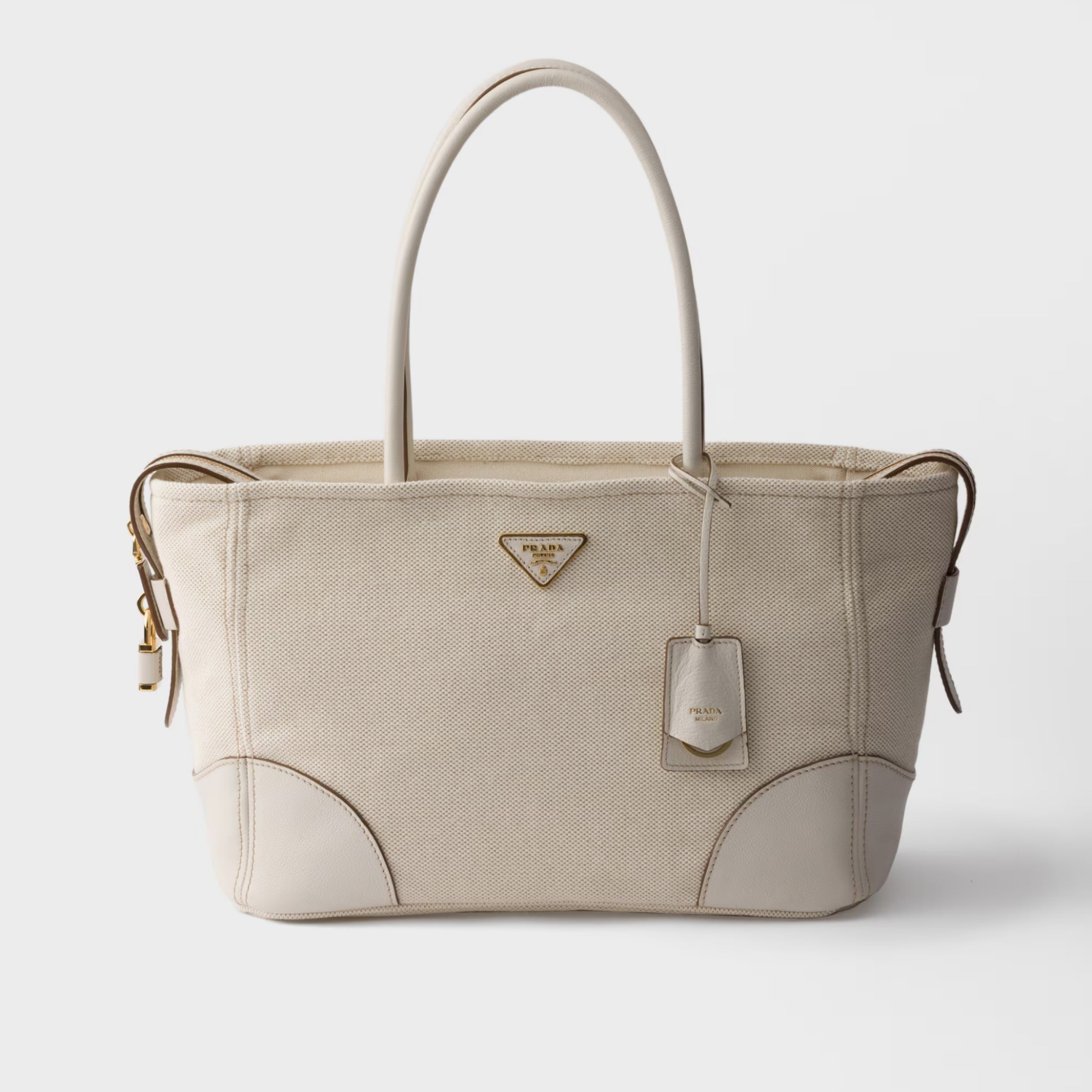 Large linen blend and leather tote bag