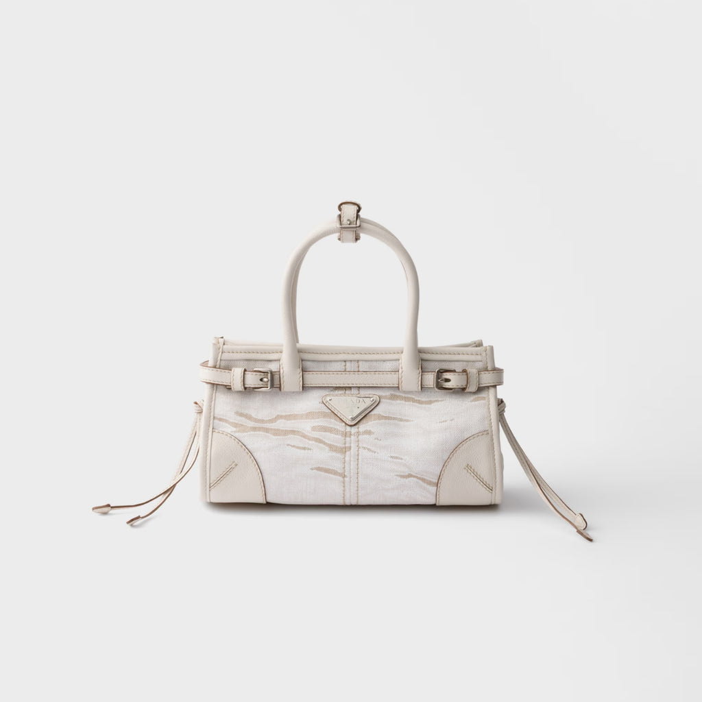 Prada Bonnie small printed linen and leather handbag