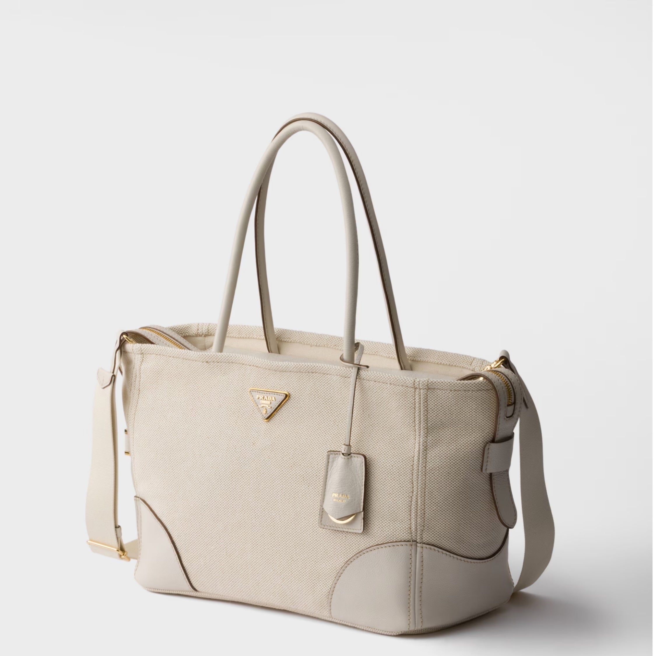Large linen blend and leather tote bag