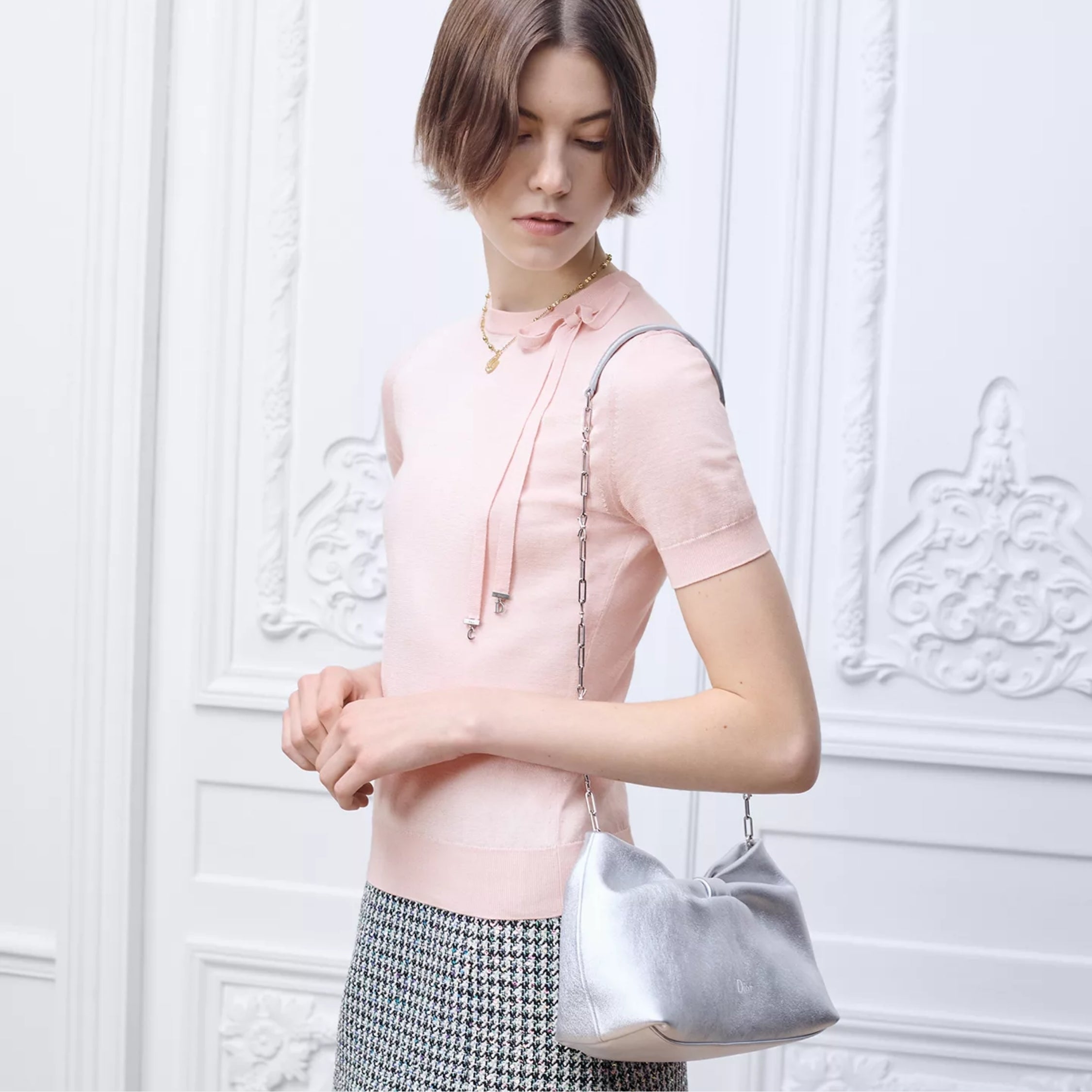 Dior Or Small Dior Bow Bag Silver-Tone Laminated Lambskin