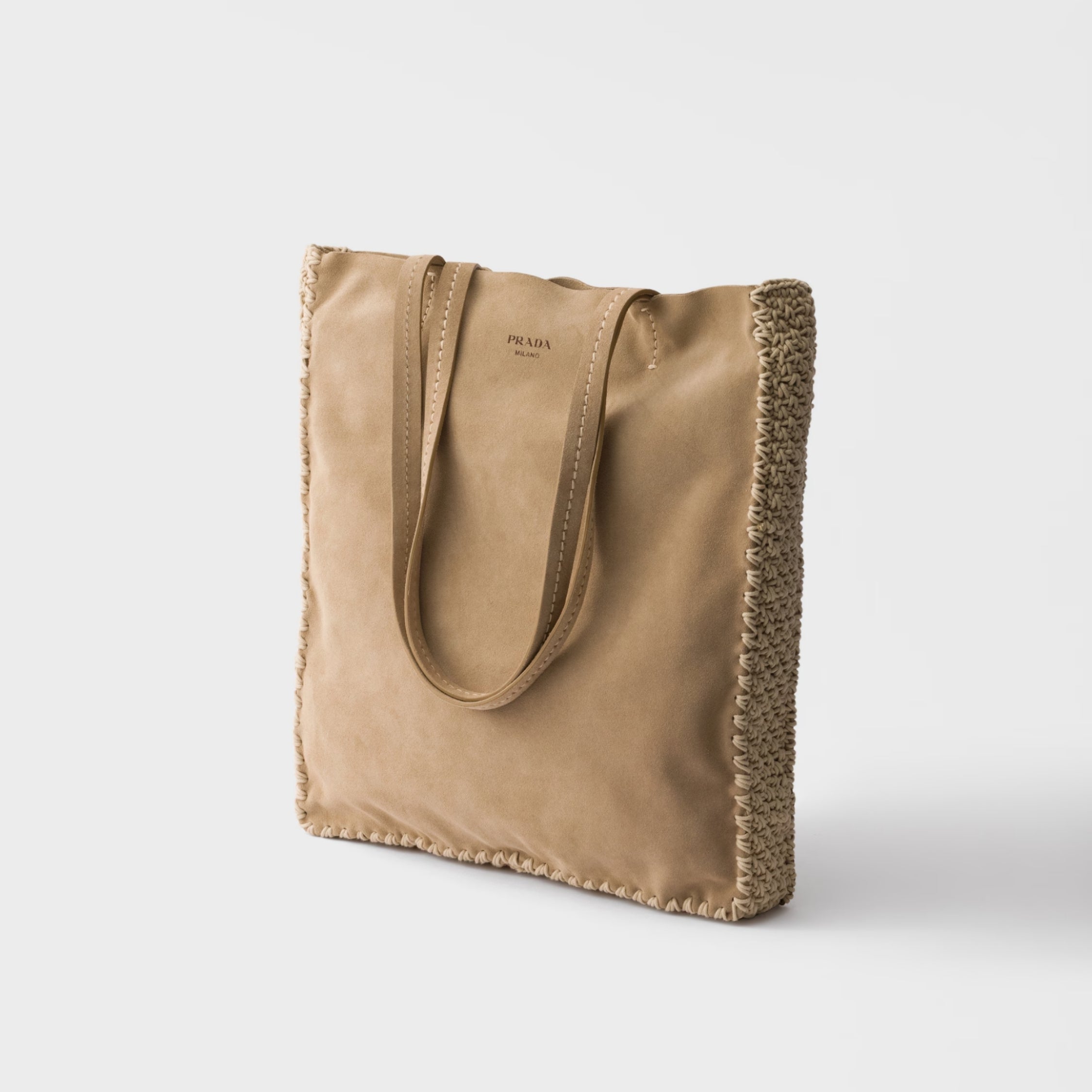 Large suede and crochet tote bag