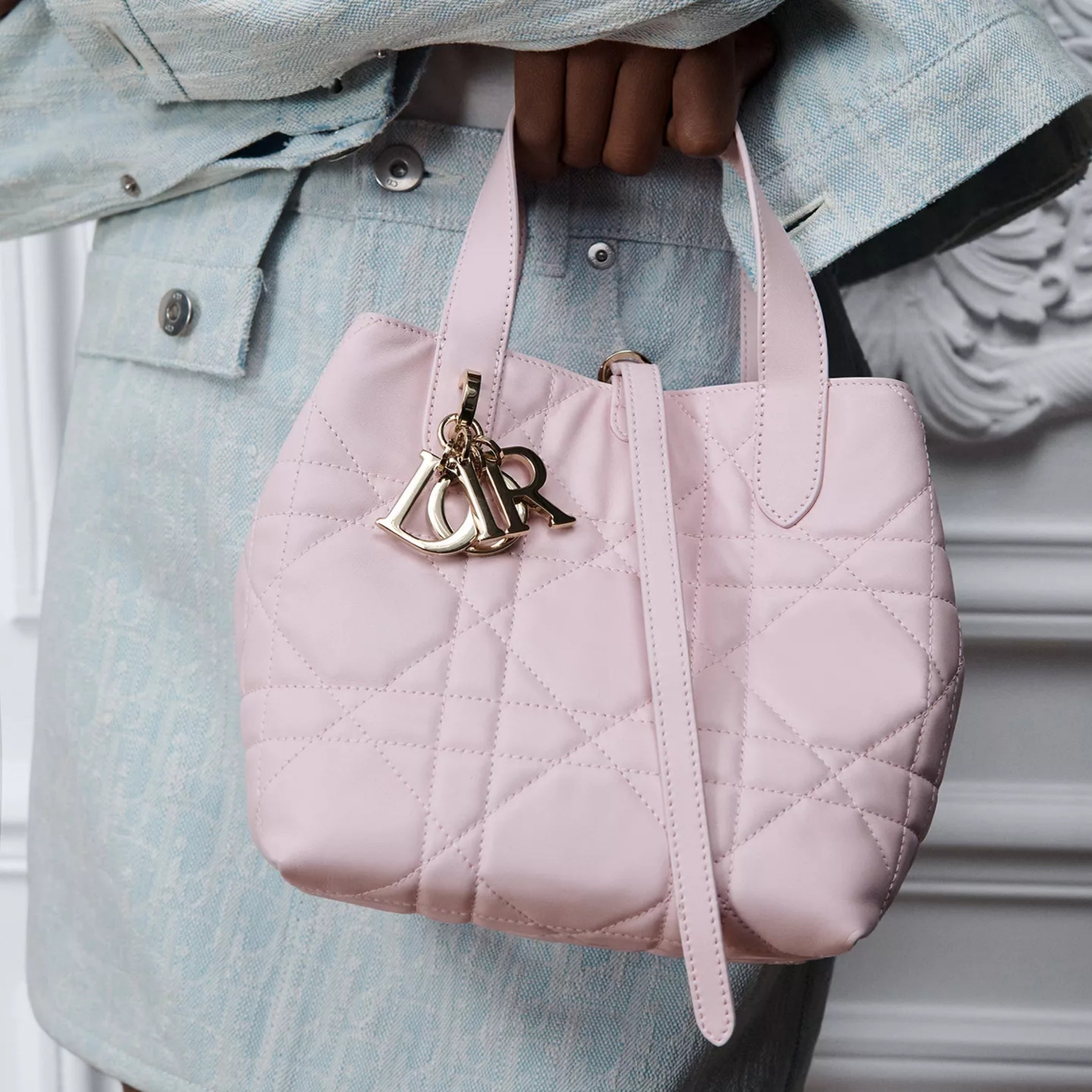 Small Dior Toujours Vertical Tote Bag Powder Pink Macrocannage Calfskin
