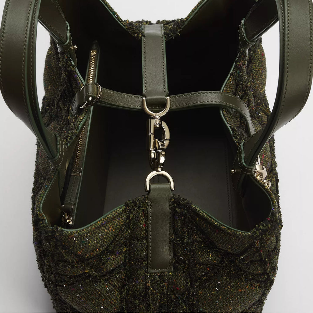 Medium Dior Toujours Bag Khaki Multicolor Cannage Tweed Embroidered with Sequins