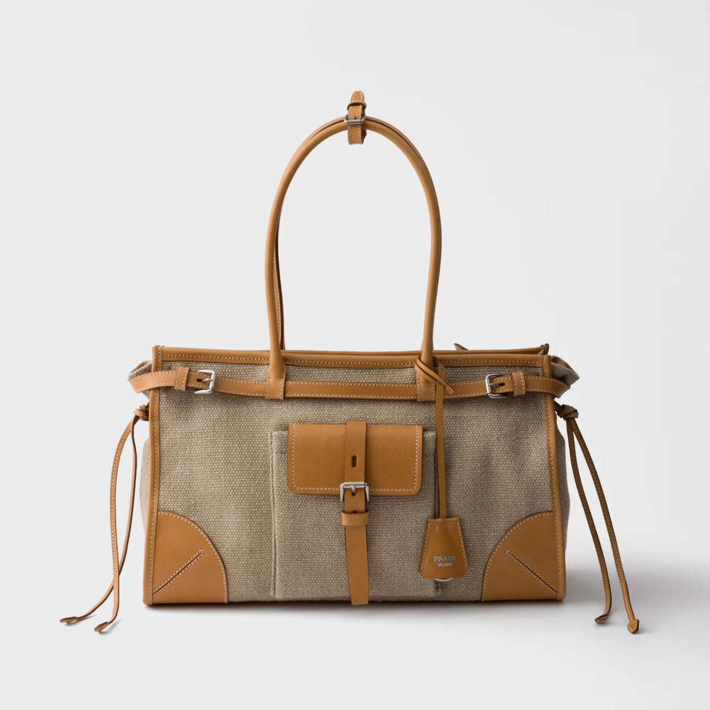 Prada Bonnie linen and leather tote bag