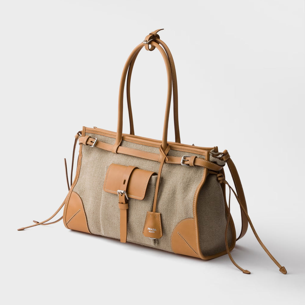 Prada Bonnie linen and leather tote bag
