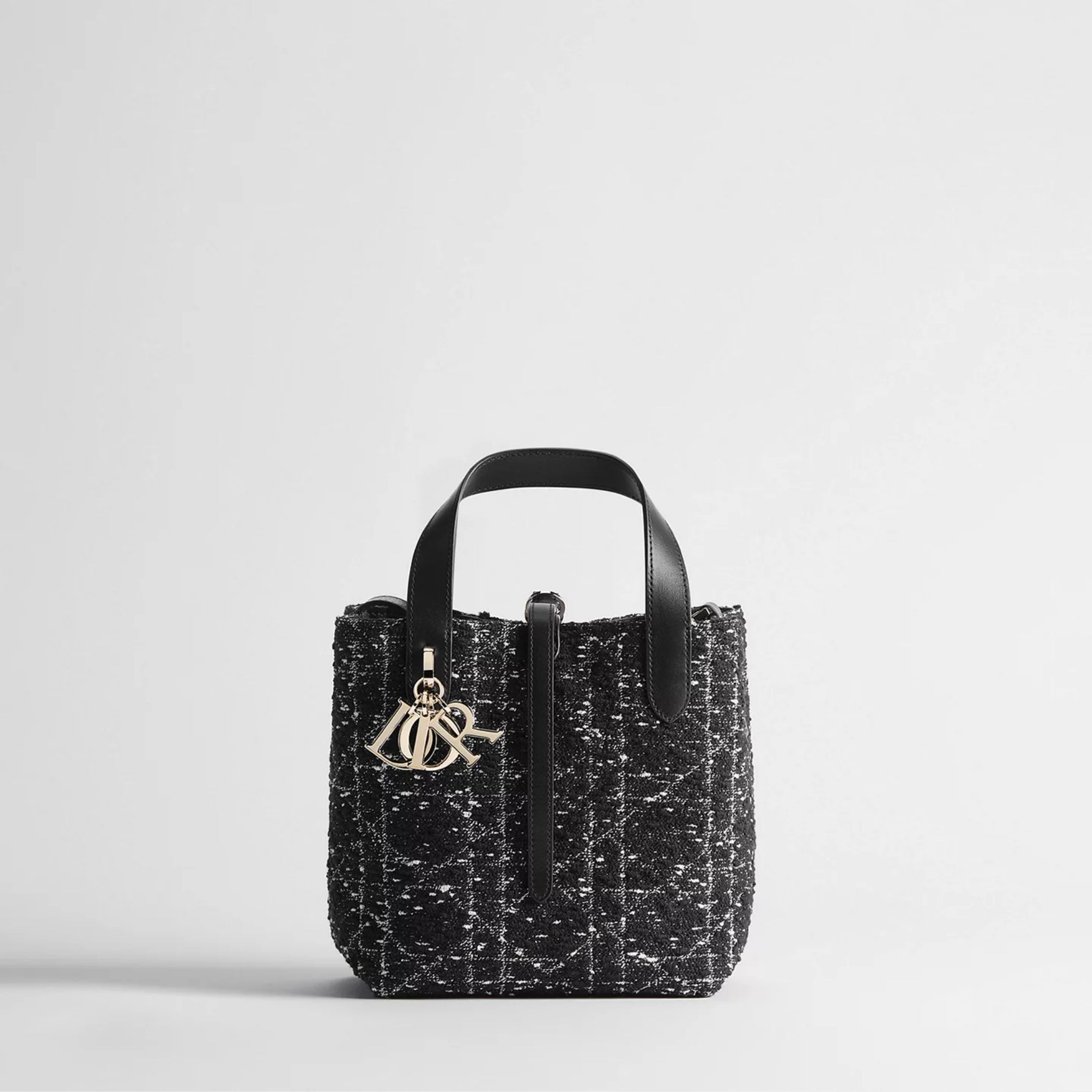 Small Dior Toujours Vertical Tote Bag Black Tweed with White Cannage Motif