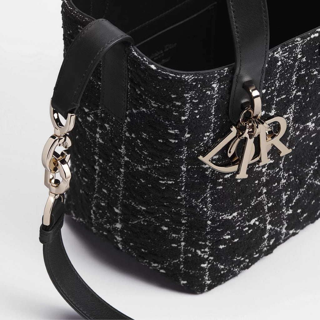 Small Dior Toujours Vertical Tote Bag Black Tweed with White Cannage Motif