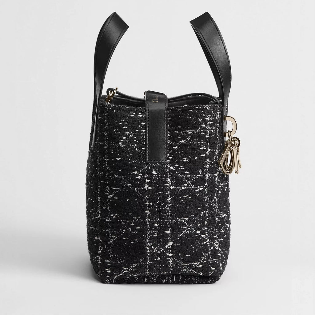 Small Dior Toujours Vertical Tote Bag Black Tweed with White Cannage Motif