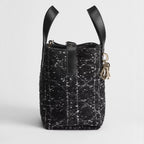Small Dior Toujours Vertical Tote Bag Black Tweed with White Cannage Motif