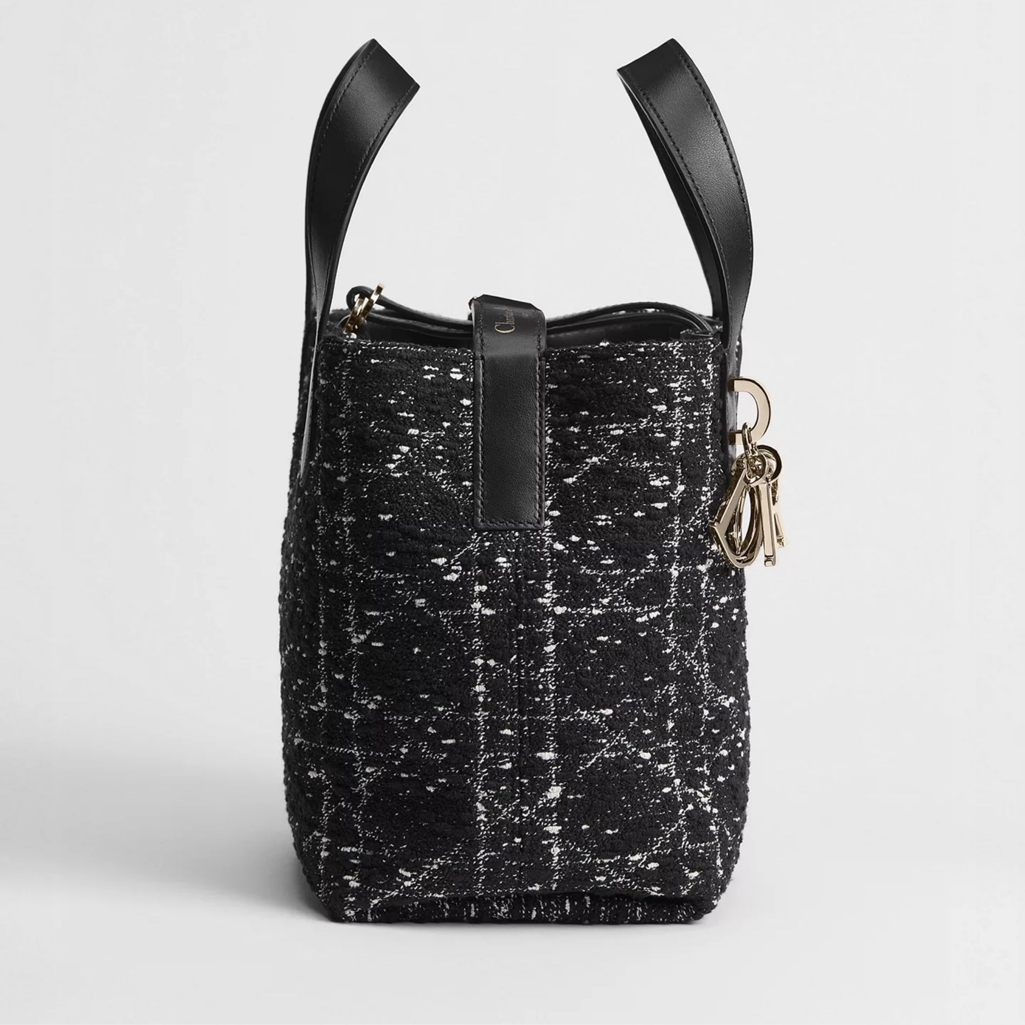 Small Dior Toujours Vertical Tote Bag Black Tweed with White Cannage Motif