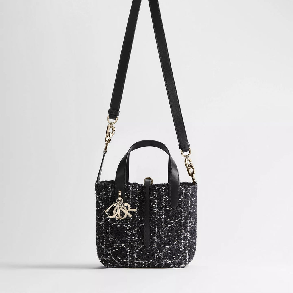 Small Dior Toujours Vertical Tote Bag Black Tweed with White Cannage Motif