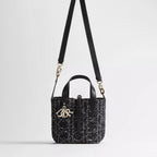 Small Dior Toujours Vertical Tote Bag Black Tweed with White Cannage Motif
