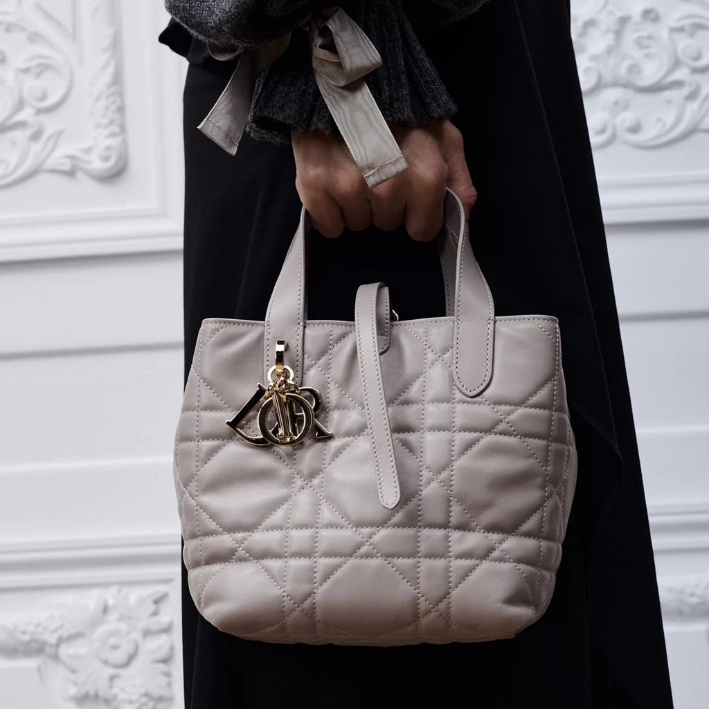 Small Dior Toujours Vertical Tote Bag Trianon Gray Macrocannage Calfskin