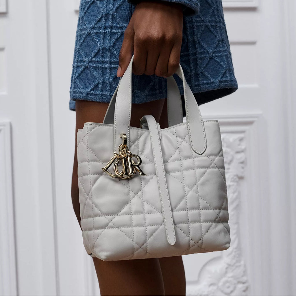 Small Dior Toujours Vertical Tote Bag Gris Pietro Macrocannage Calfskin