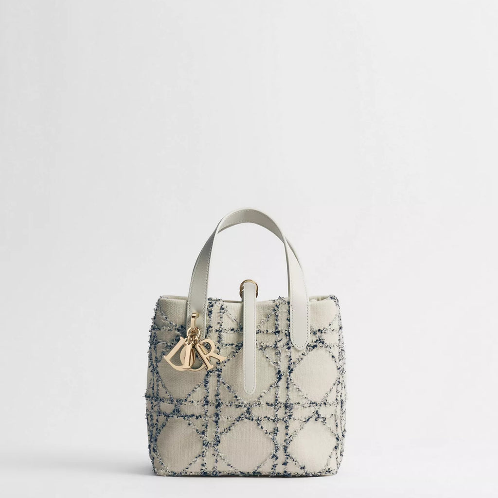 Small Dior Toujours Vertical Tote Bag White and Blue Macrocannage Cotton Bouclé