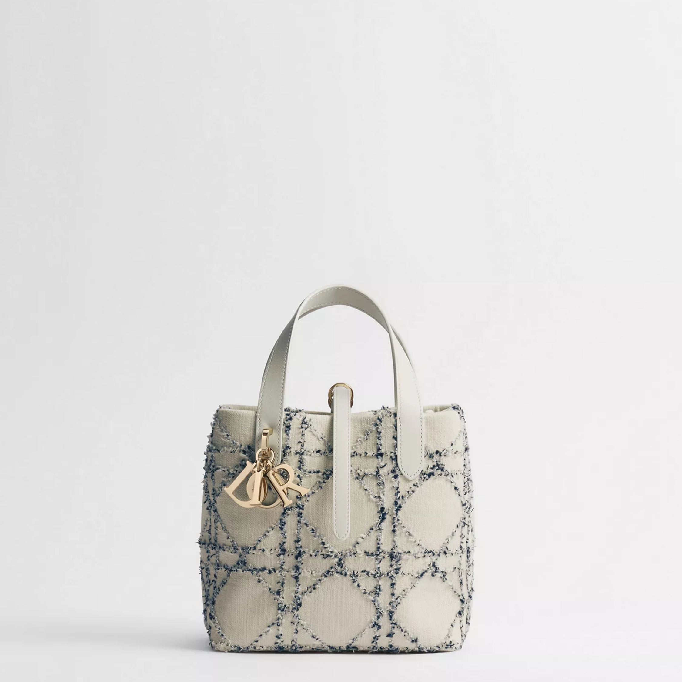 Small Dior Toujours Vertical Tote Bag White and Blue Macrocannage Cotton Bouclé