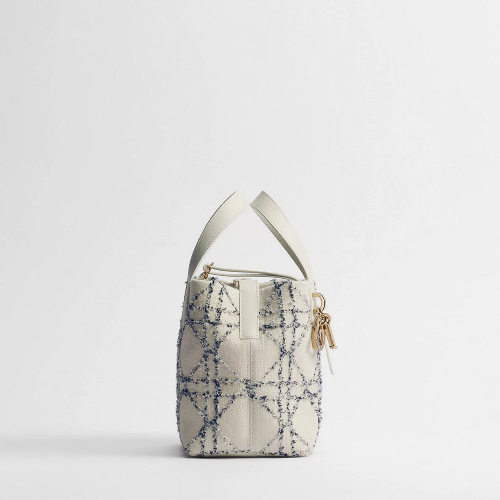 Small Dior Toujours Vertical Tote Bag White and Blue Macrocannage Cotton Bouclé