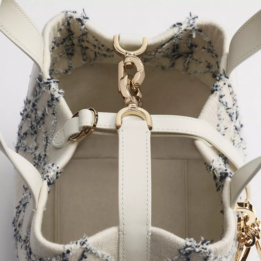 Small Dior Toujours Vertical Tote Bag White and Blue Macrocannage Cotton Bouclé
