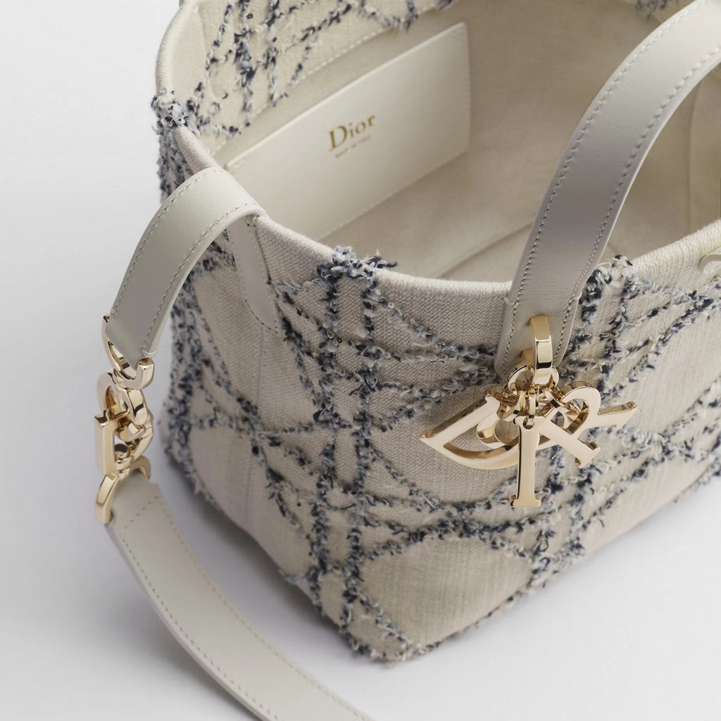 Small Dior Toujours Vertical Tote Bag White and Blue Macrocannage Cotton Bouclé