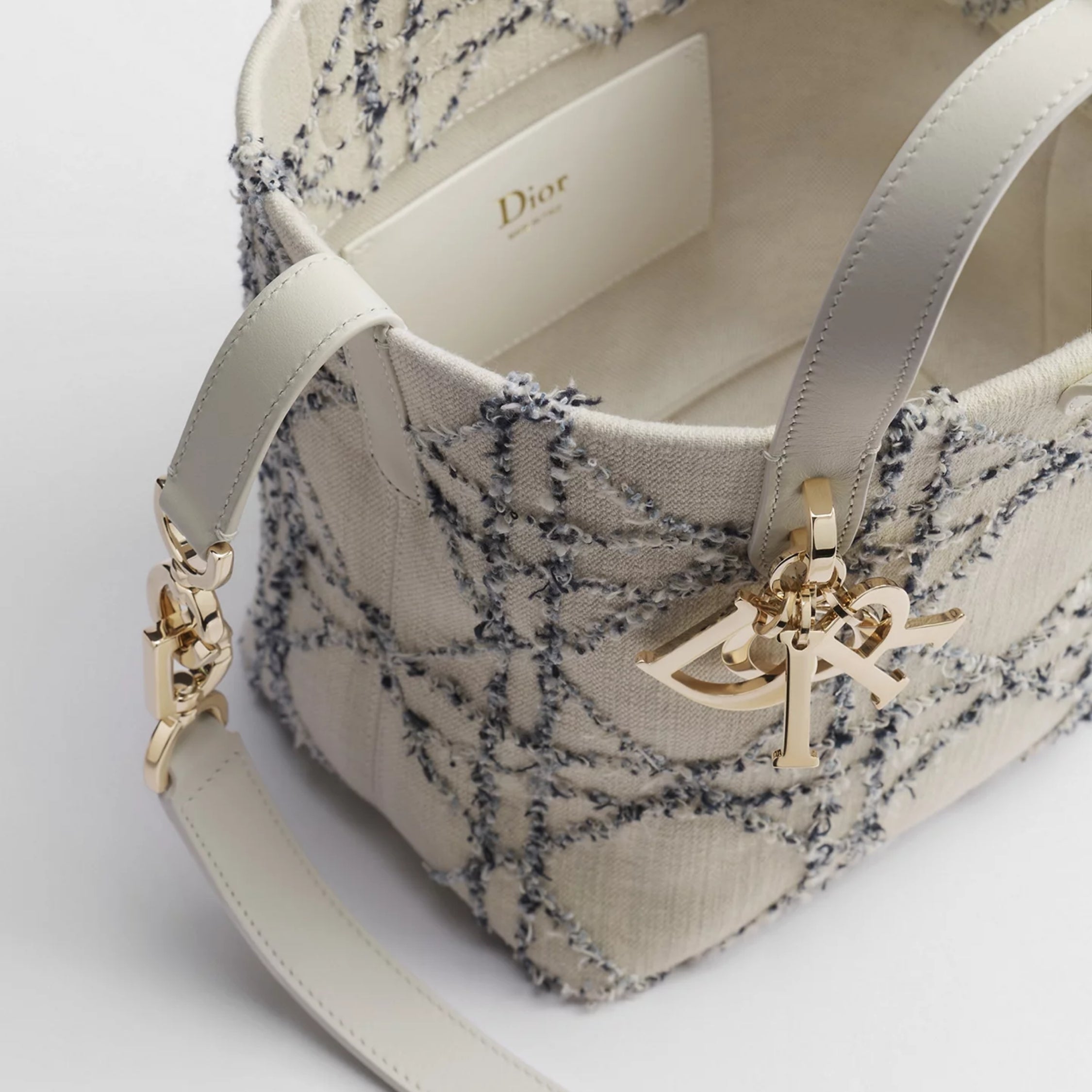 Small Dior Toujours Vertical Tote Bag White and Blue Macrocannage Cotton Bouclé