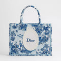 Dioriviera Medium Dior Book Tote with Strap Blue Toile de Jouy Floral Garden Embroidery and White Dior Médaillon