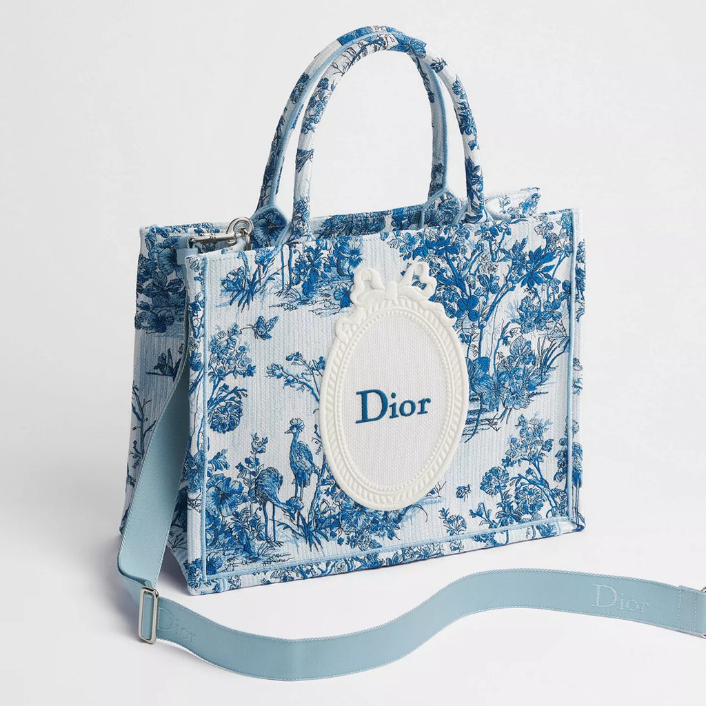 Dioriviera Medium Dior Book Tote with Strap Blue Toile de Jouy Floral Garden Embroidery and White Dior Médaillon