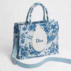 Dioriviera Medium Dior Book Tote with Strap Blue Toile de Jouy Floral Garden Embroidery and White Dior Médaillon