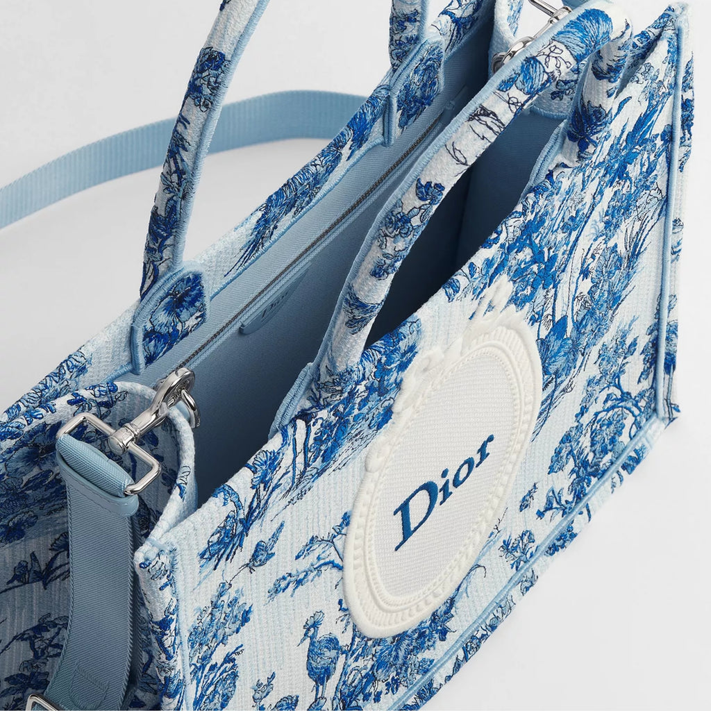 Dioriviera Medium Dior Book Tote with Strap Blue Toile de Jouy Floral Garden Embroidery and White Dior Médaillon